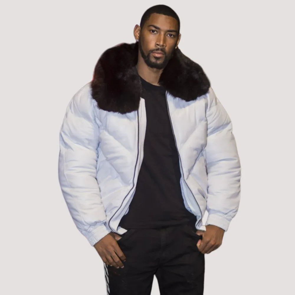 Mens White Leather V Bomber Jacket With Black Fur Collar Leather Jacket Gear