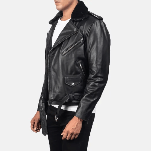 Furton Black Leather Biker Jacket Men-1
