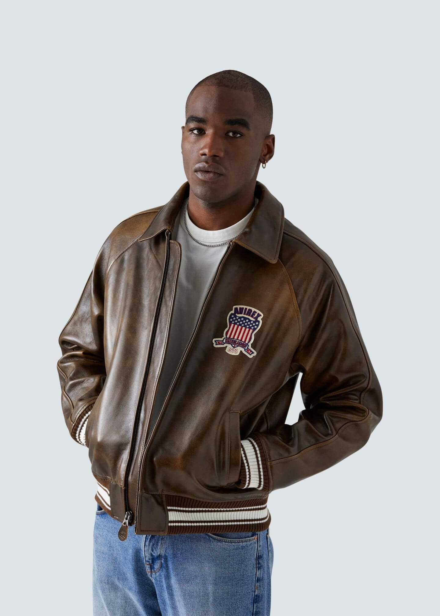 Avirex leather 2025 bomber jacket