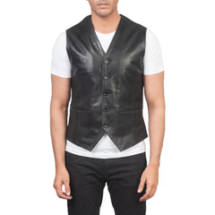 Black-Button-Up-Leather-Vest-Front