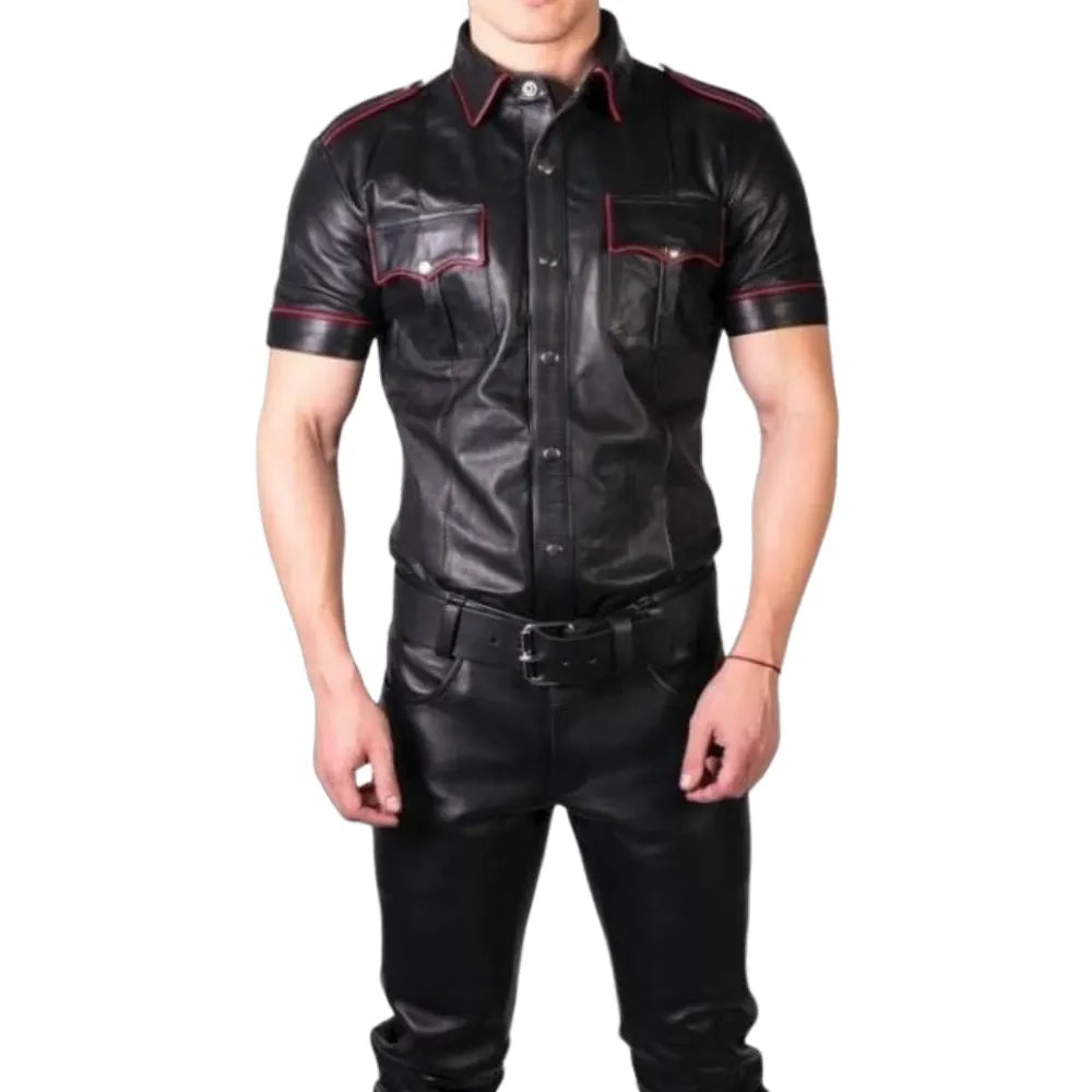 Black-Leather-Shirt-with-Red-Piping-Model