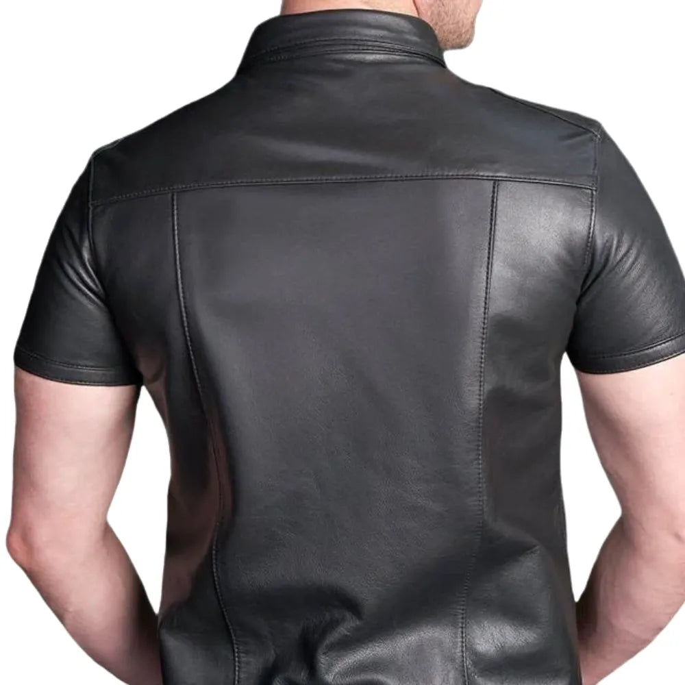 Black-Leather-Short-Sleeve-Shirt-Model-Back