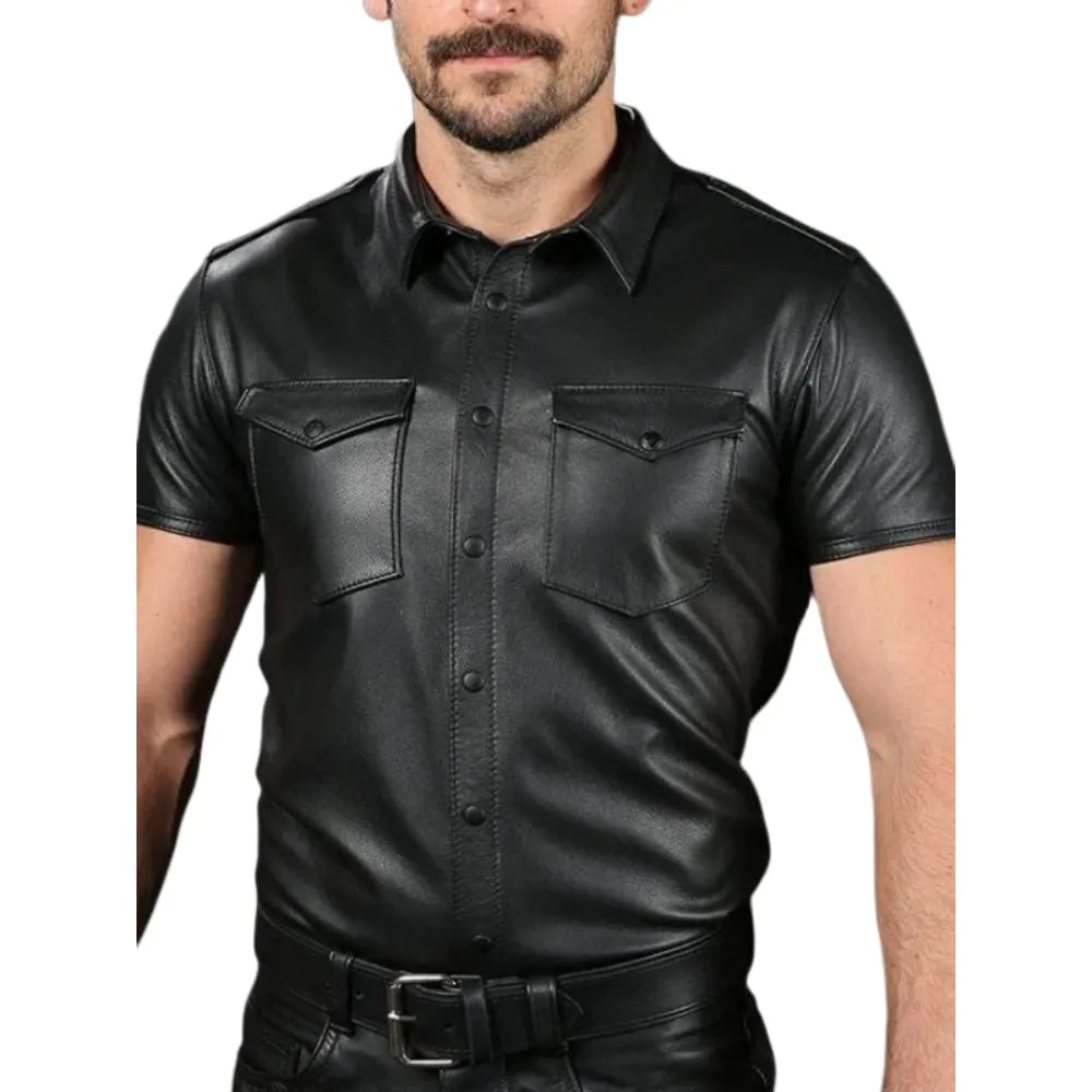 Black-Leather-Short-Sleeve-Shirt-Model