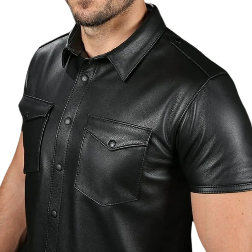 Black-Leather-Short-Sleeve-Shirt-Pockets
