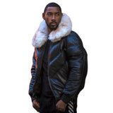 Black-V-Bomber-Jacket-with-White-Fur-Collar-Model