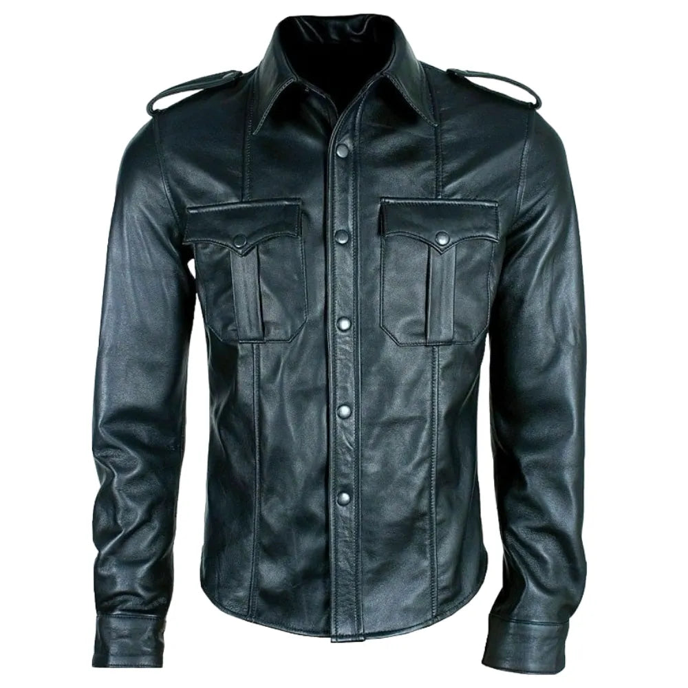 Buttoned-Long-Sleeve-Leather-Shirt-Front