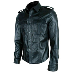 Buttoned-Long-Sleeve-Leather-Shirt