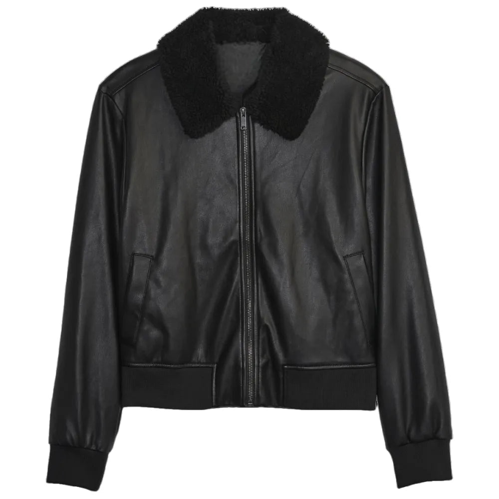 Womens Black Faux Shearling Leather Bomber Jacket – Leather Jacket Gear®