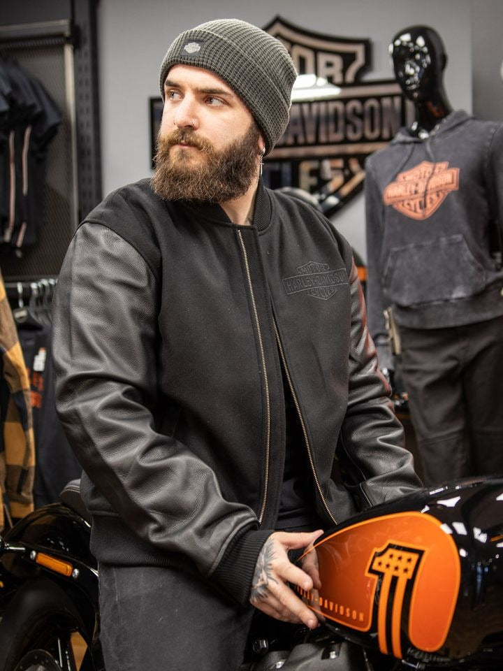 Harley-Davidson-Mens-Black-Varsity-Leather-Jacket-Model-Side