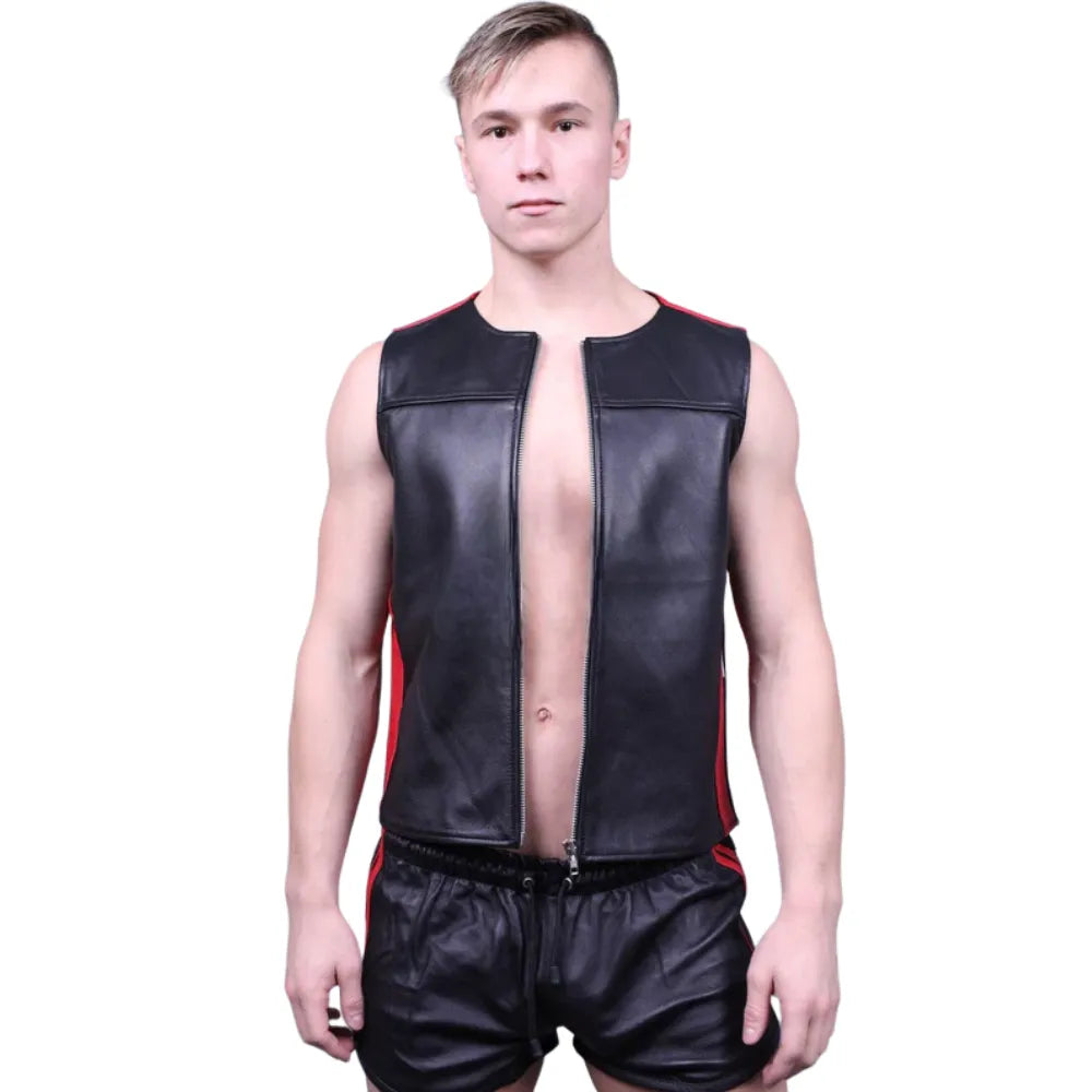 Leather-Zipper-Vest-With-Red-Panels-Front