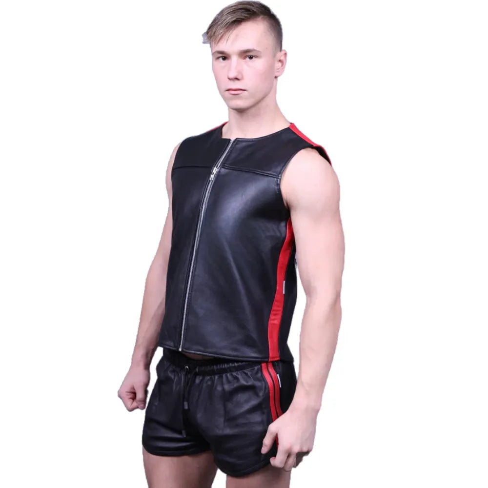 Leather-Zipper-Vest-With-Red-Panels-Model