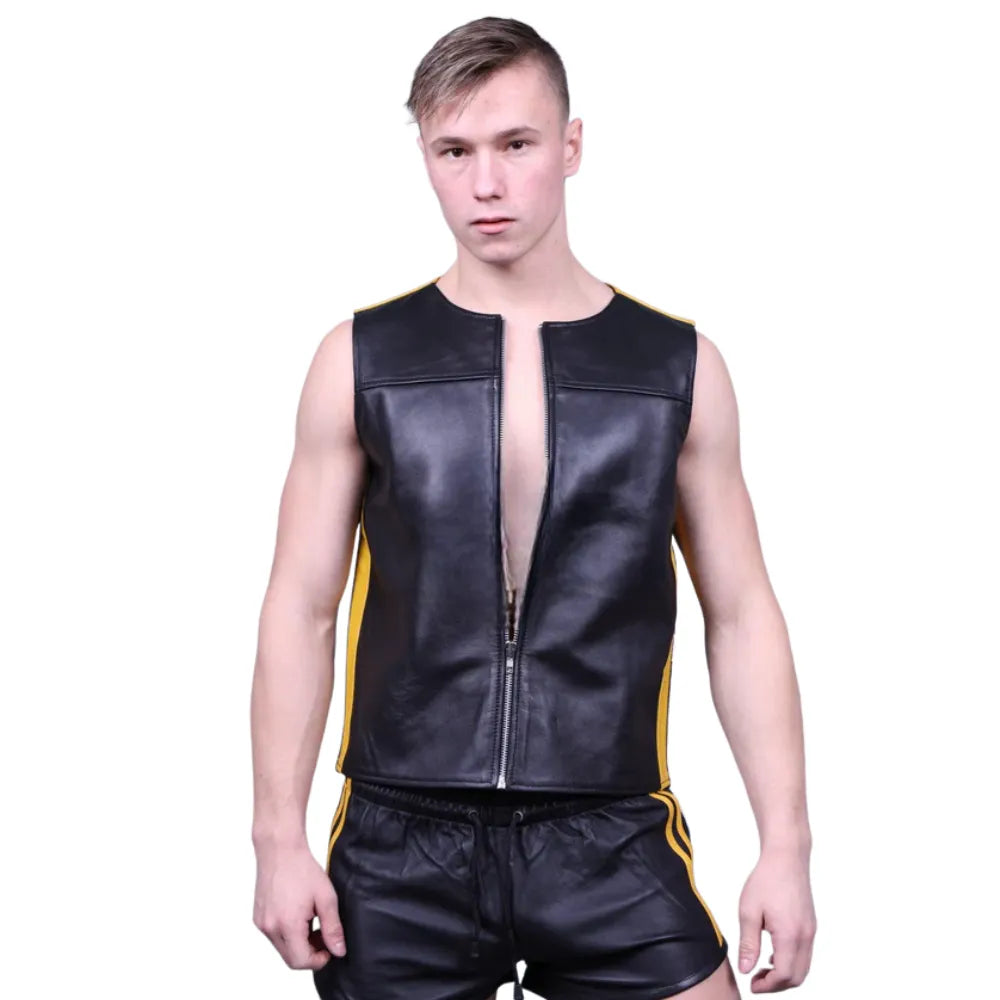 Leather-Zipper-Vest-With-Yellow-Panels-Front