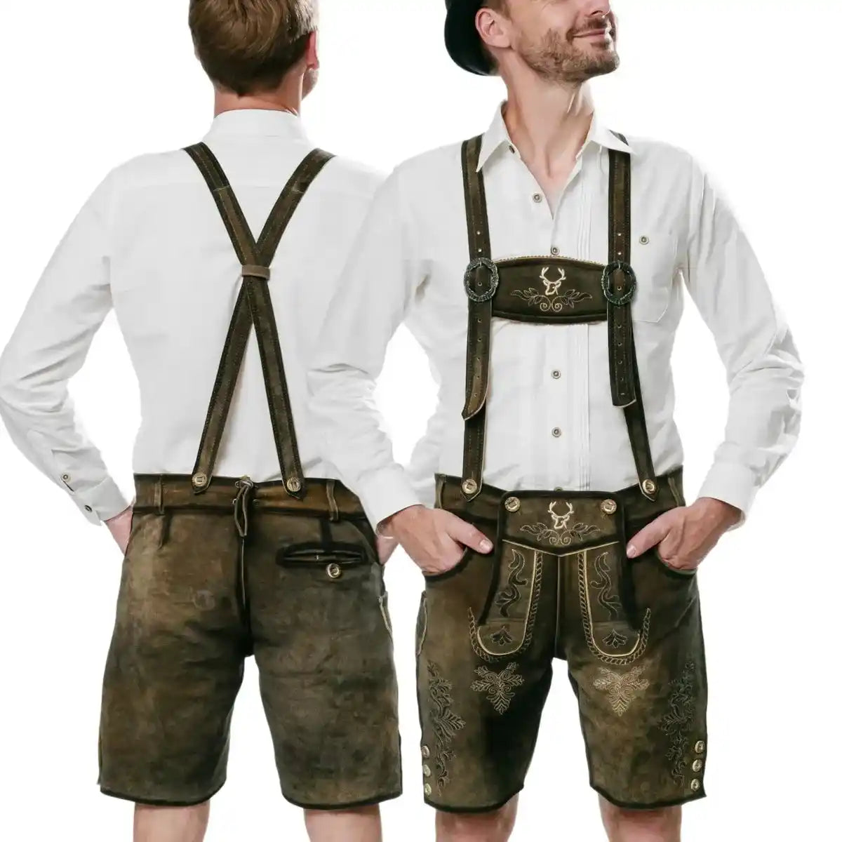 Lederhosen-Men-Short-Antique-Waxed-Brown-Model-Front-Back