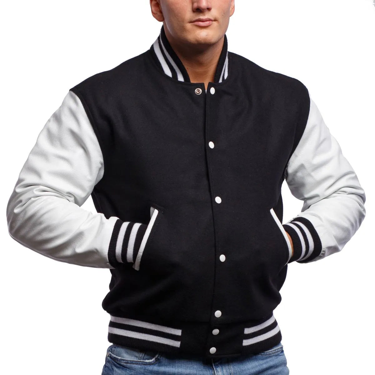 Mens-Black-And-White-Leather-Varsity-Jacket-Front