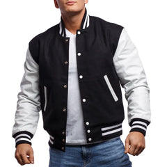 Mens-Black-And-White-Leather-Varsity-Jacket-Model