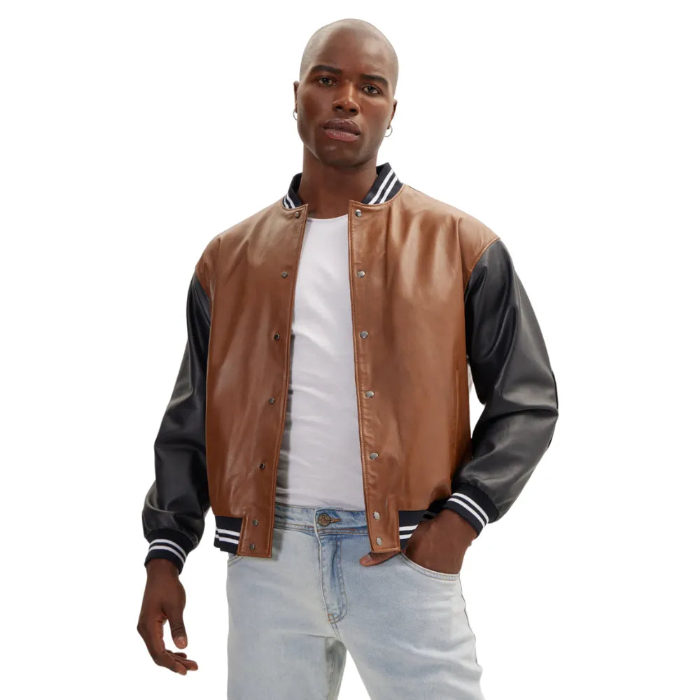 Mens-Black-Brown-Two-Tone-Varsity-Jacket-Front