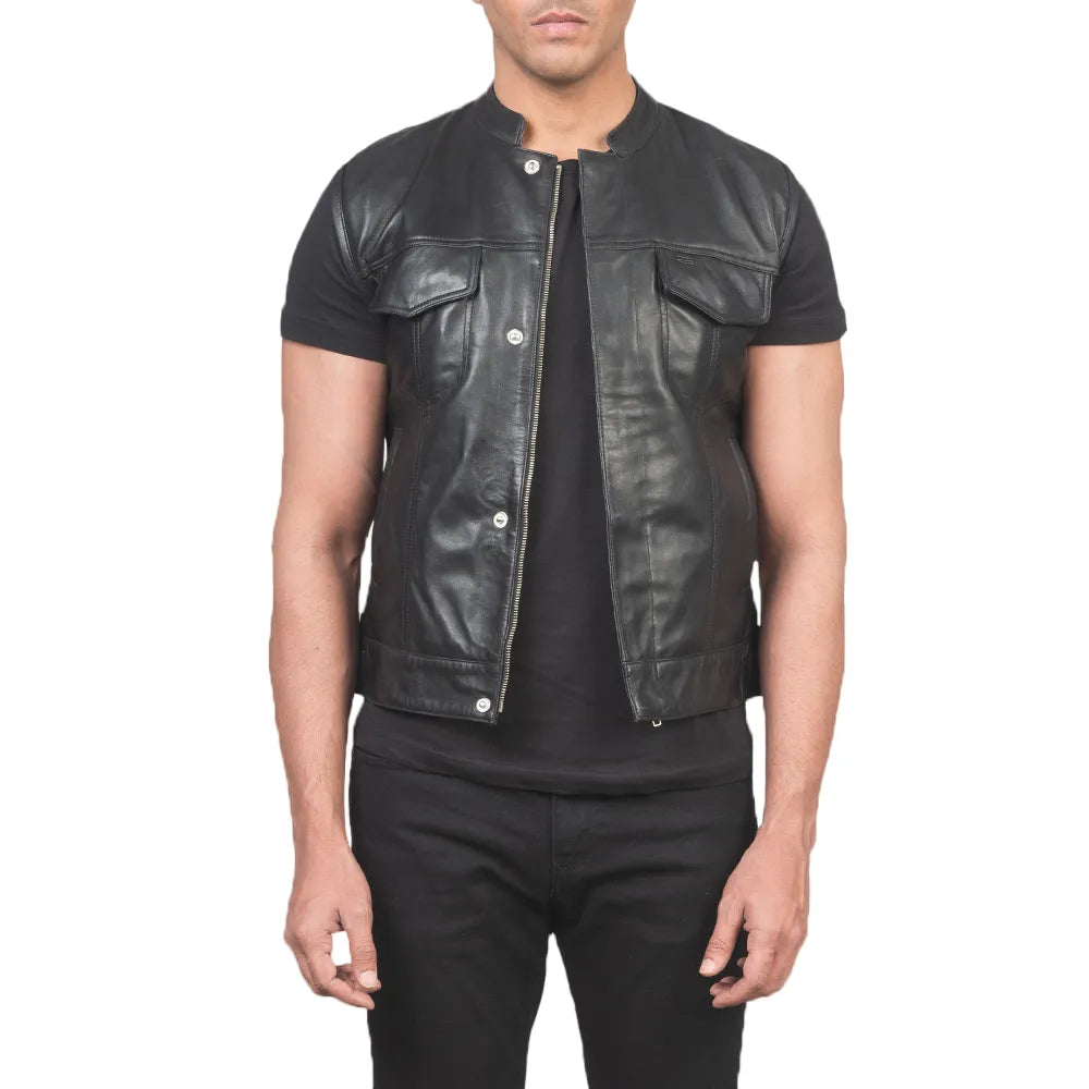 Mens-Black-Leather-Biker-Vest-Model