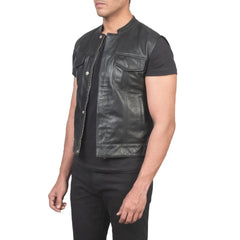 Mens-Black-Leather-Biker-Vest