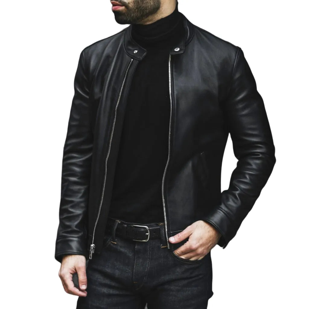 Mens Black Leather Cafe Racer Jacket I 20% OFF – Leather Jacket Gear®