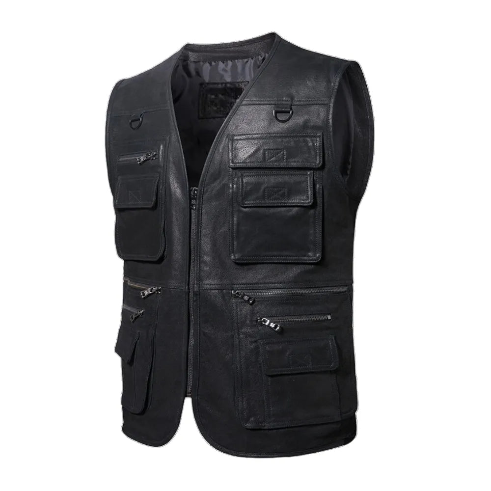 Mens-Black-Leather-Retro-Vest-Front