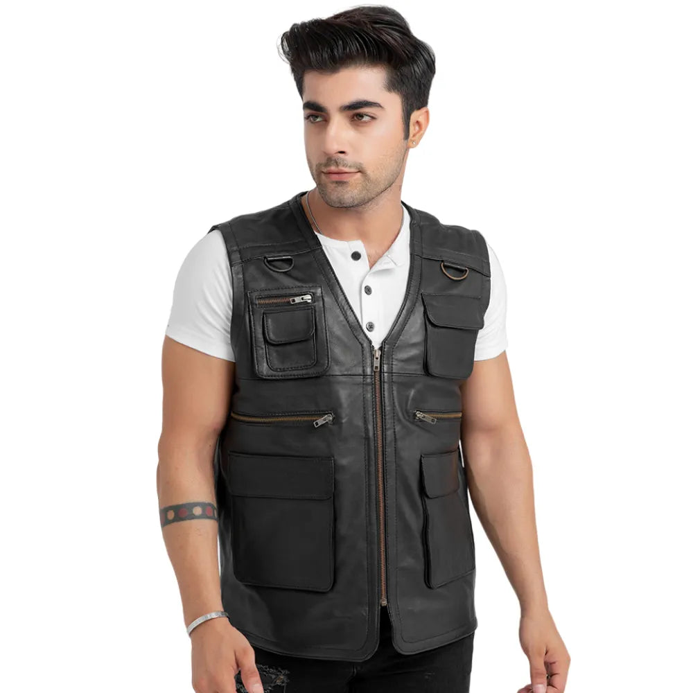 Mens-Black-Leather-Safari-Vest-Front