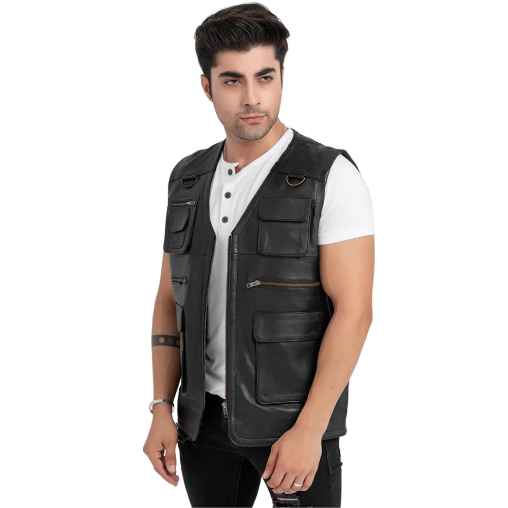 Mens-Black-Leather-Safari-Vest