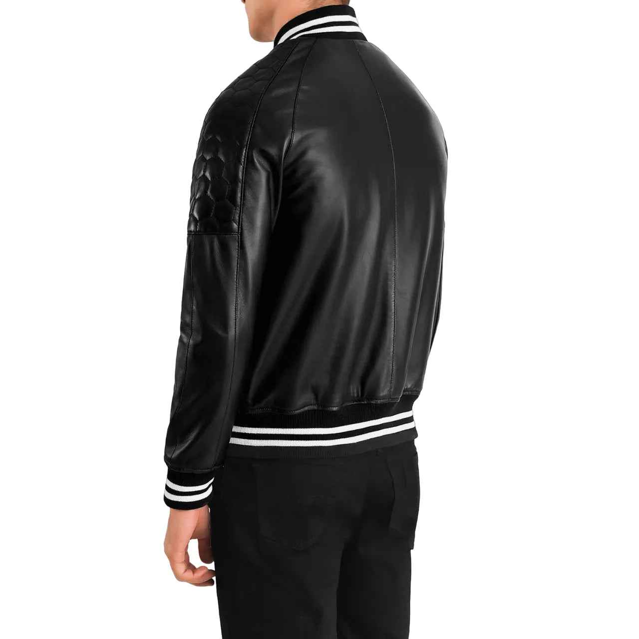 Mens-Black-Leather-Zip-Up-Varsity-Jacket-Back