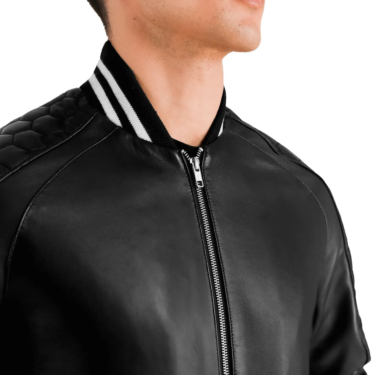 Mens-Black-Leather-Zip-Up-Varsity-Jacket-Front