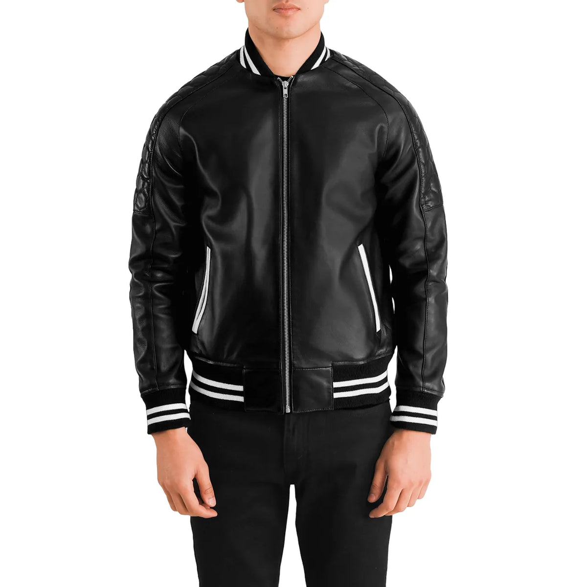 Mens-Black-Leather-Zip-Up-Varsity-Jacket-Model