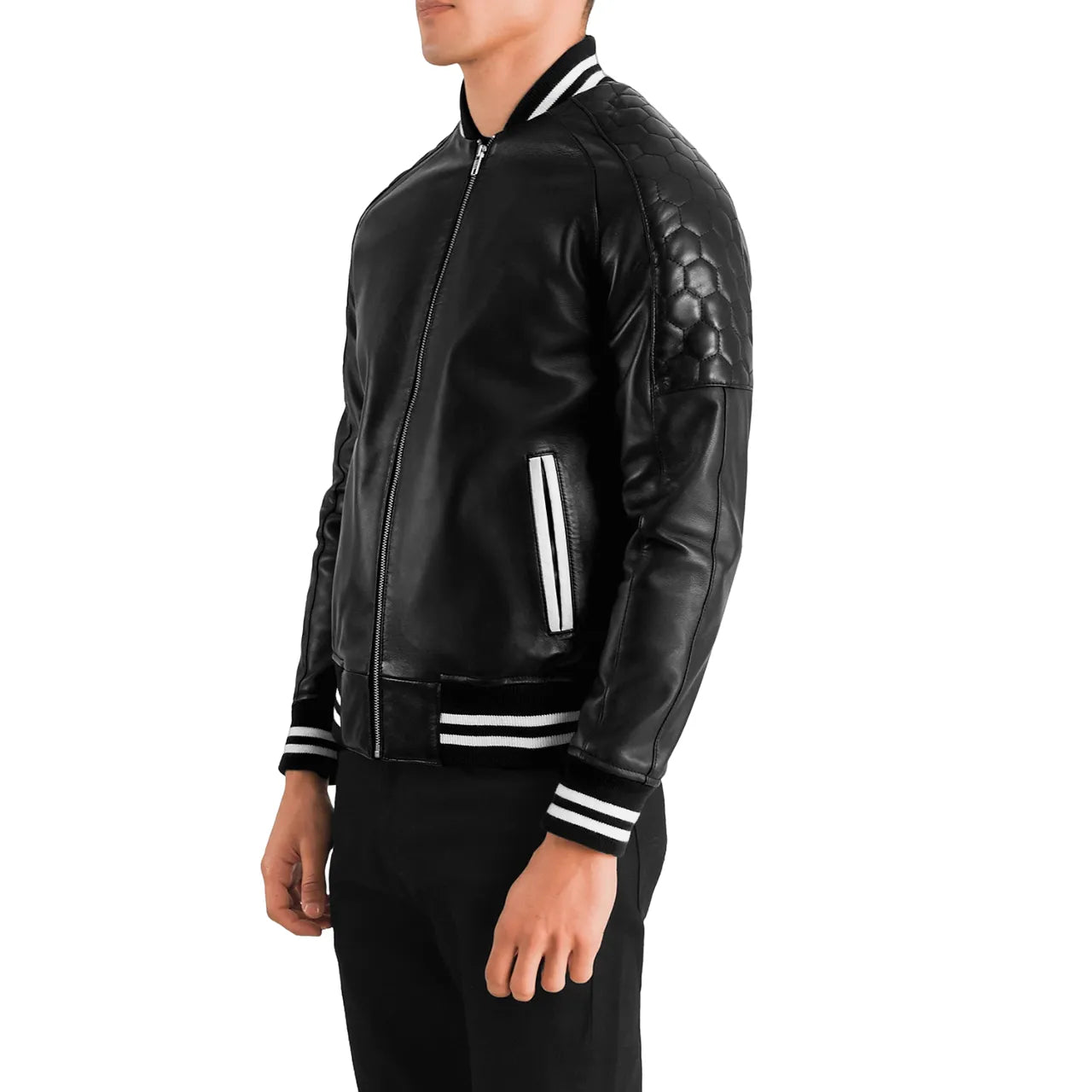 Mens-Black-Leather-Zip-Up-Varsity-Jacket