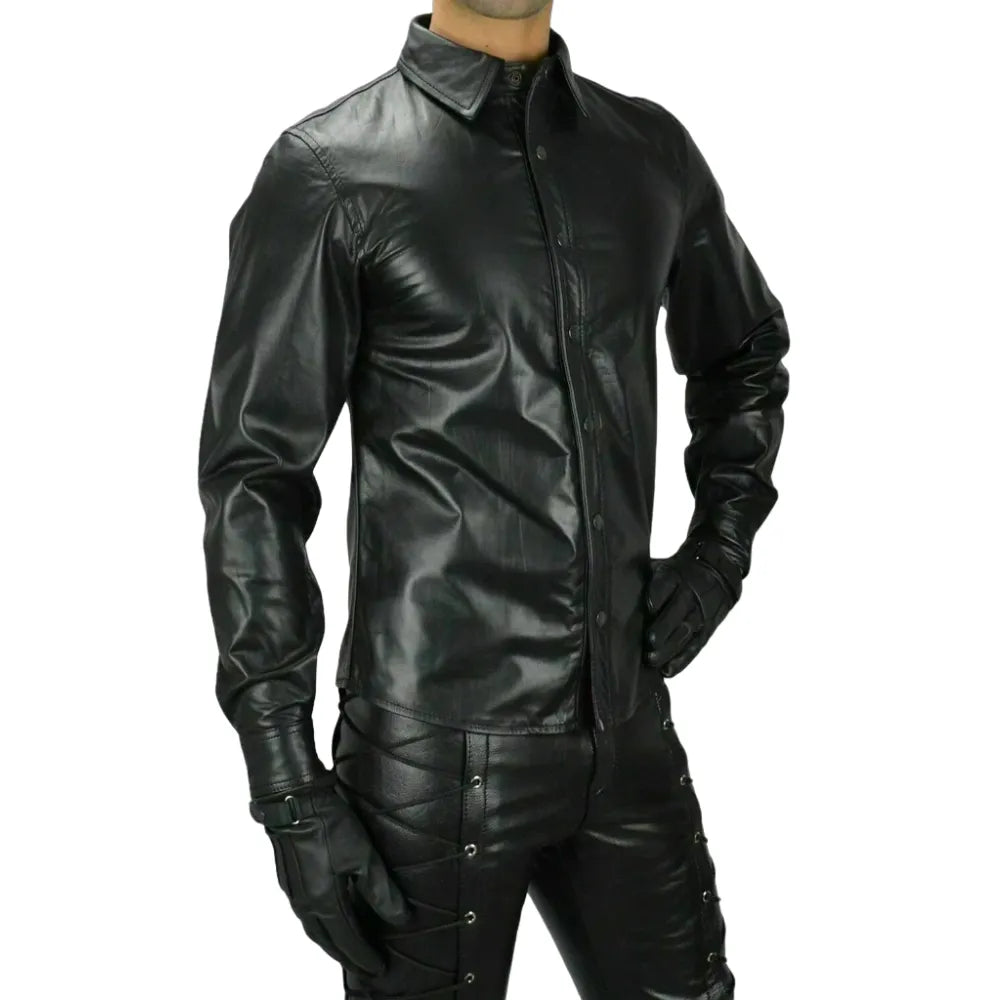 Mens-Black-Long-Sleeve-Collared-Shirt-Model