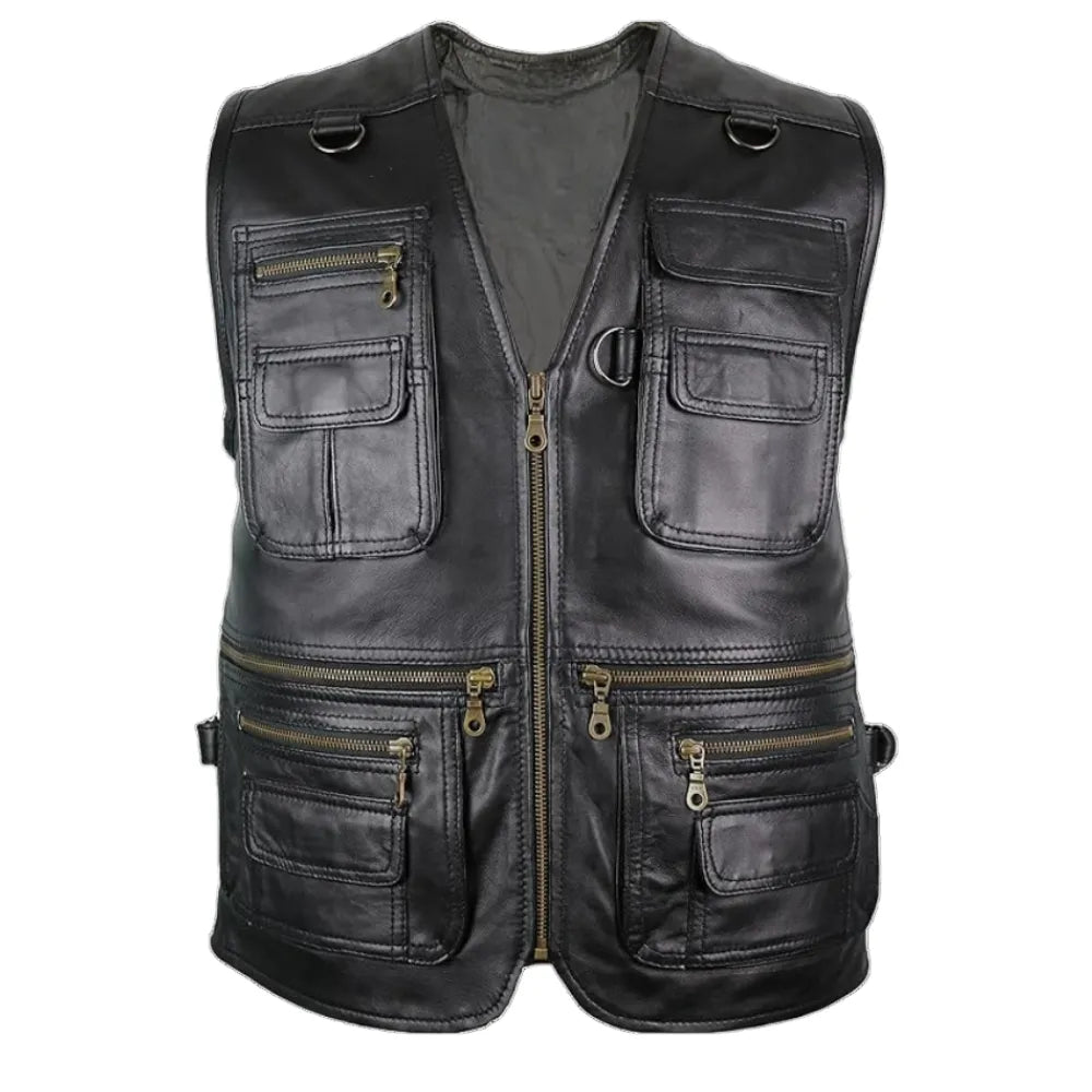 Mens-Black-V-Neck-Leather-Hunting-Vest