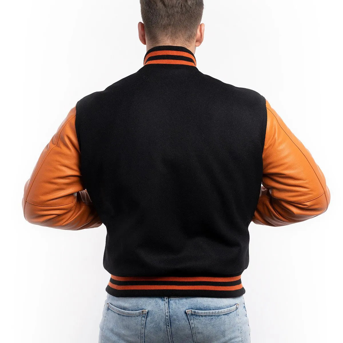 Mens-Black-and-Orange-Varsity-Jacket-Back
