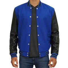 Mens-Blue-And-Black-Varsity-Jacket-Model