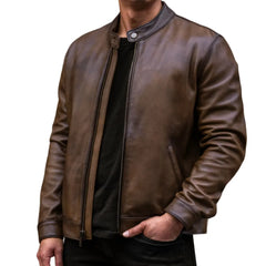 Mens-Brown-Leather-Cafe-Racer-Jacket-Model