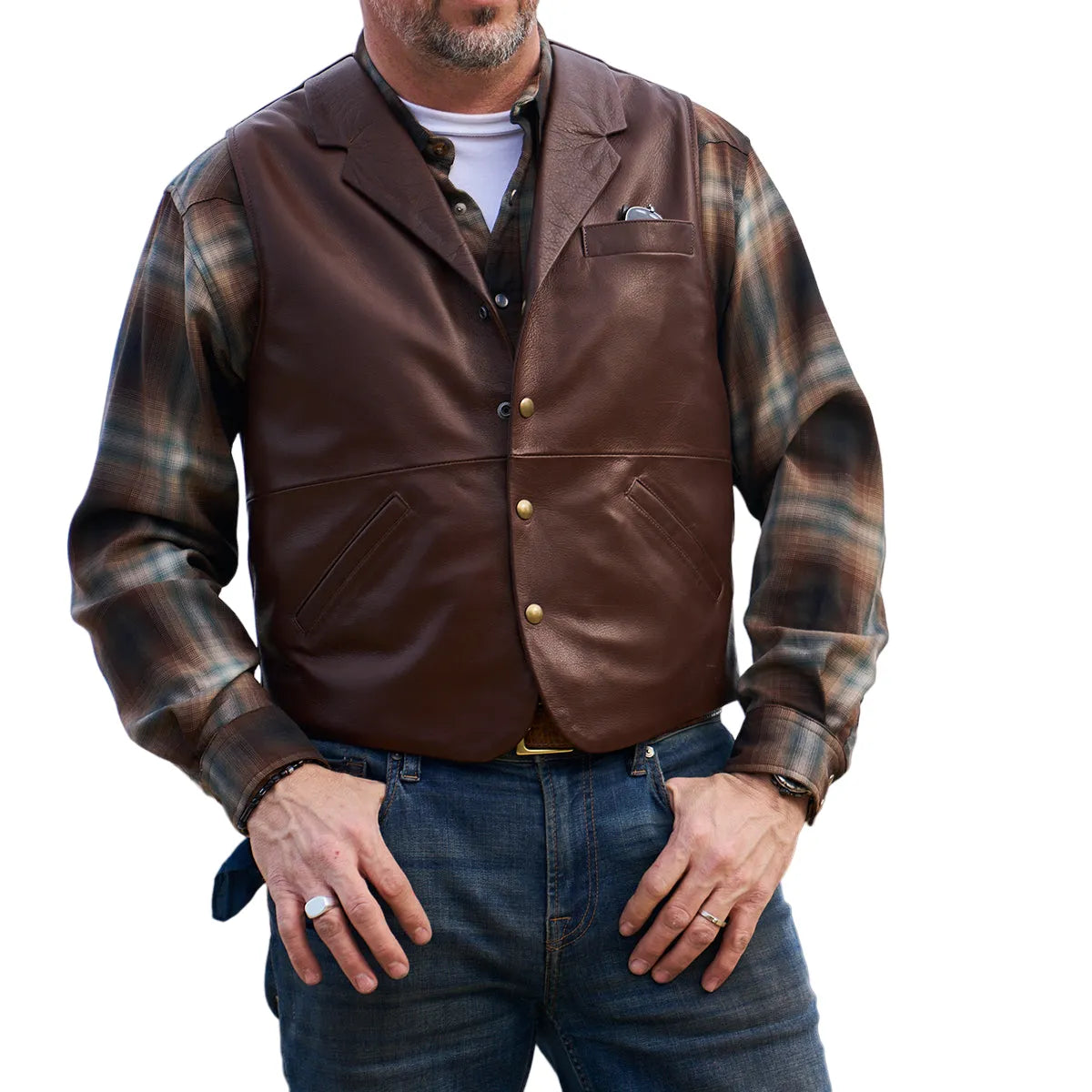 Mens-Brown-Leather-Lapel-Vest-Model
