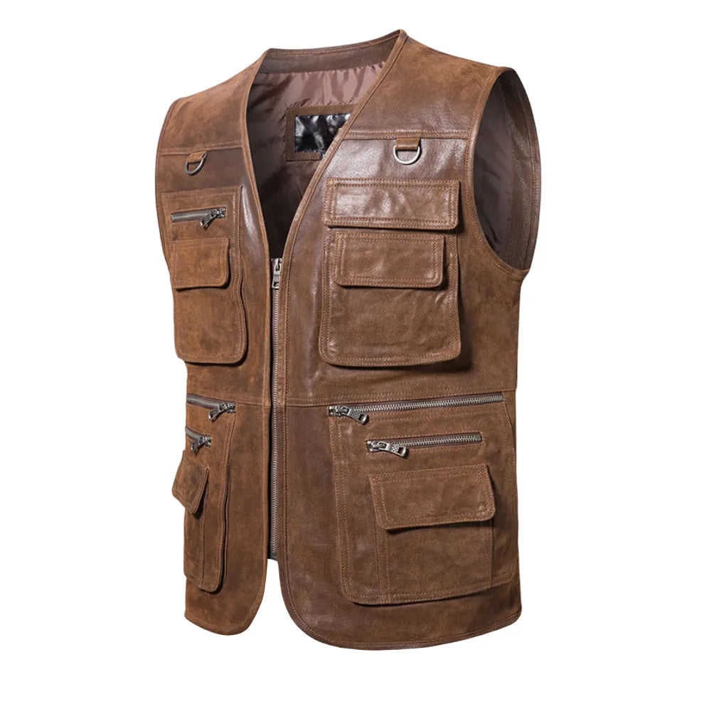 Mens Brown Leather Multi Pockets Retro Vest