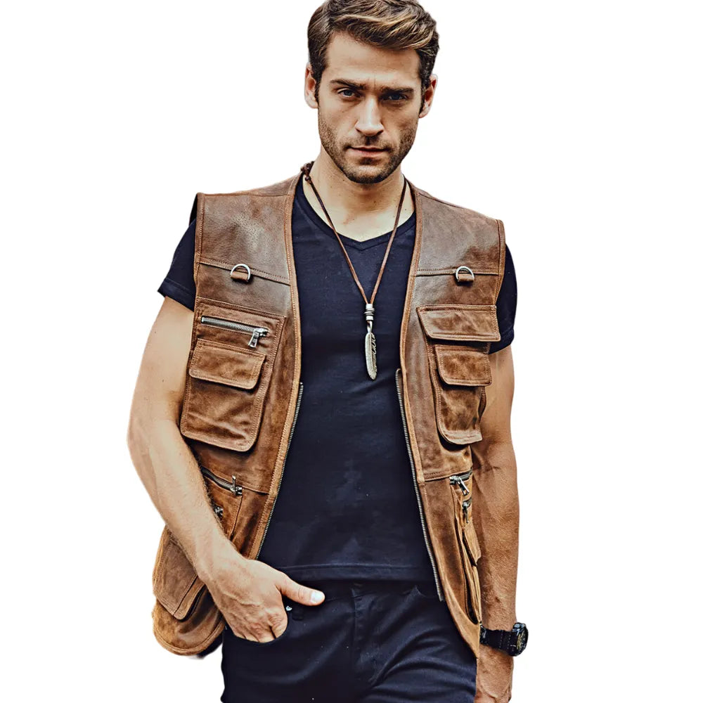 Mens-Brown-Leather-Retro-Vest-Model
