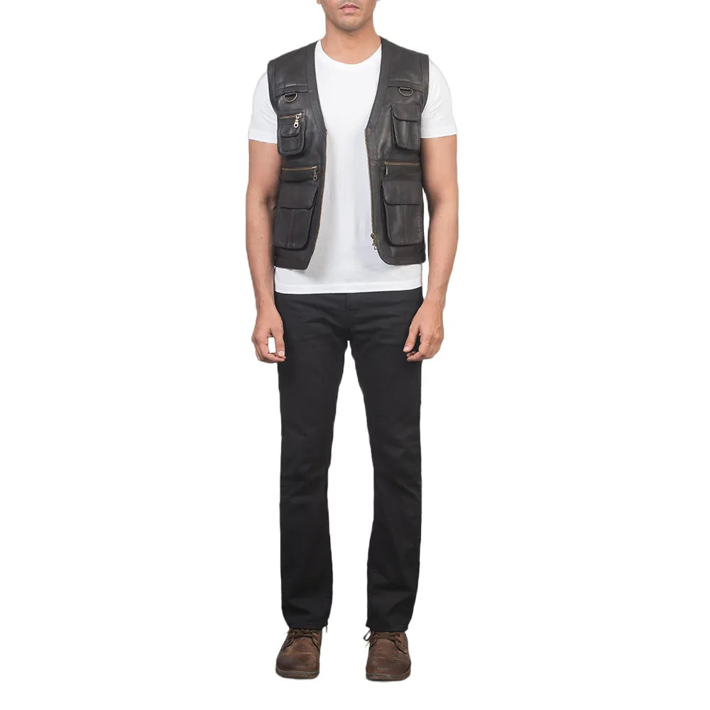 Mens-Brown-Leather-Safari-Vest-Model