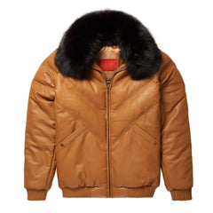 Mens-Brown-Leather-V-Bomber-Jacket