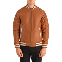 Mens-Brown-Leather-Varsity-Jacket-Model