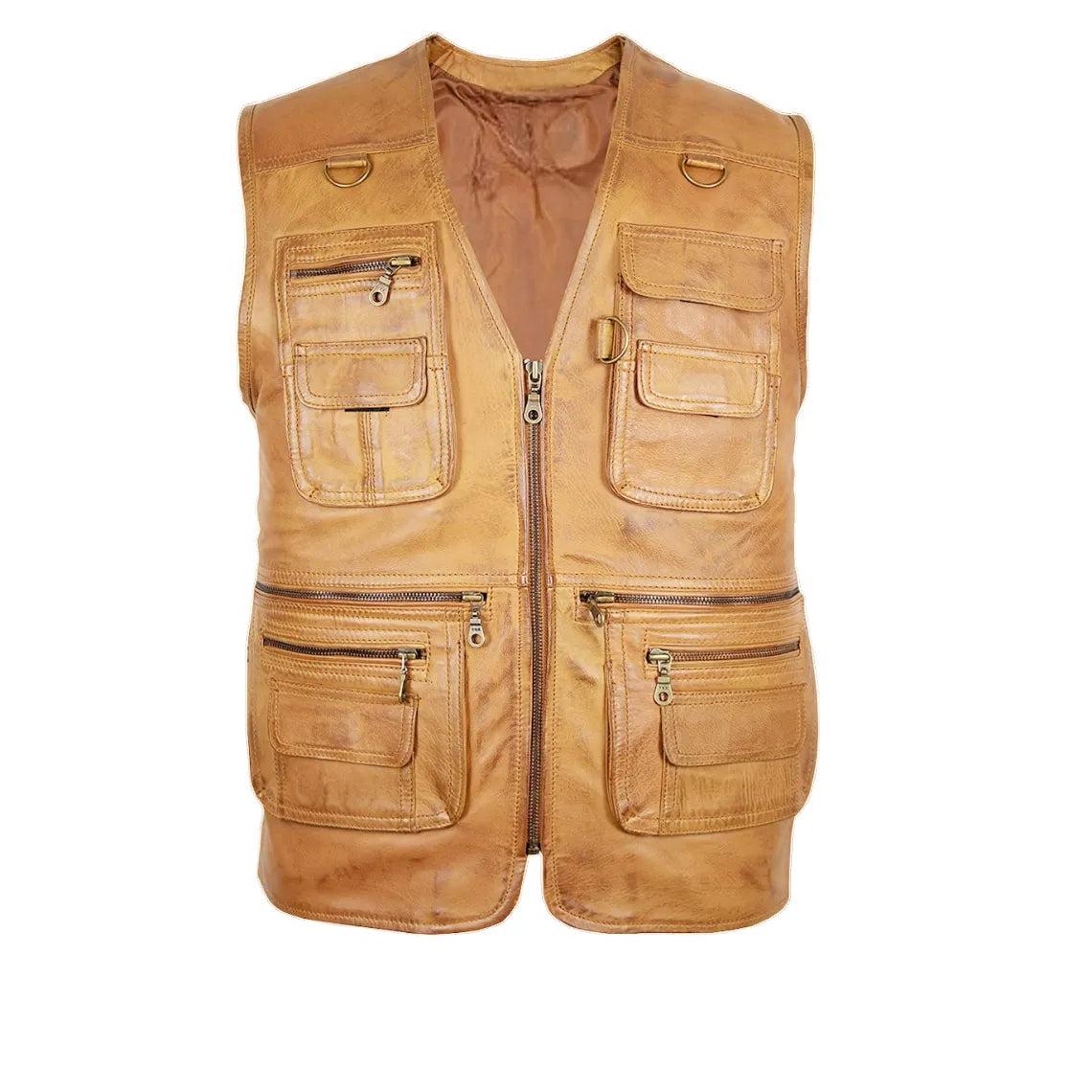 Mens-Brown-V-Neck-Leather-Hunting-Vest