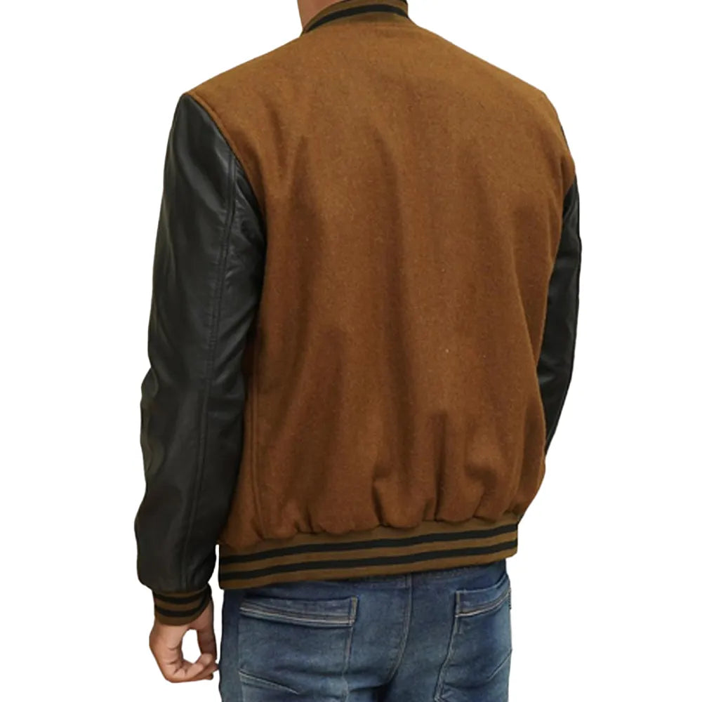 Mens-Dark-Brown-Varsity-Jacket-with-Black-Leather-Sleeves-Back