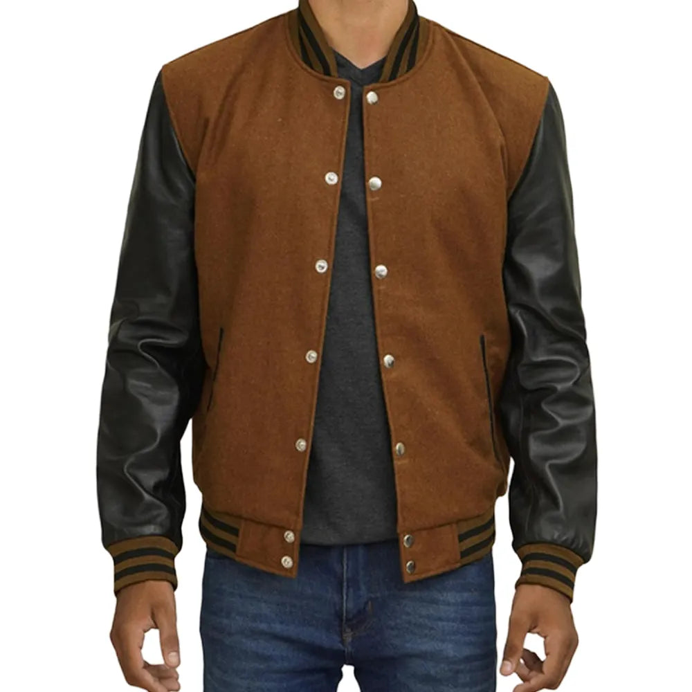 Mens-Dark-Brown-Varsity-Jacket-with-Black-Leather-Sleeves-Front