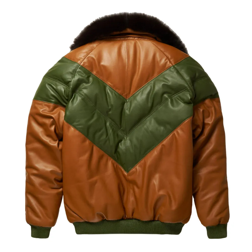 Mens-Brown-and-Green-Leather-V-Bomber-Jacket-Back