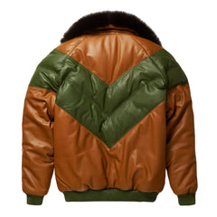 Mens-Brown-and-Green-Leather-V-Bomber-Jacket-Back