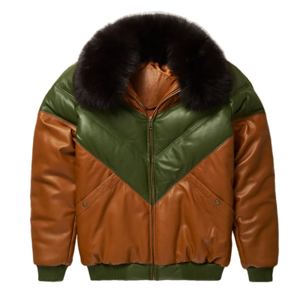Mens-Brown-and-Green-Leather-V-Bomber-Jacket