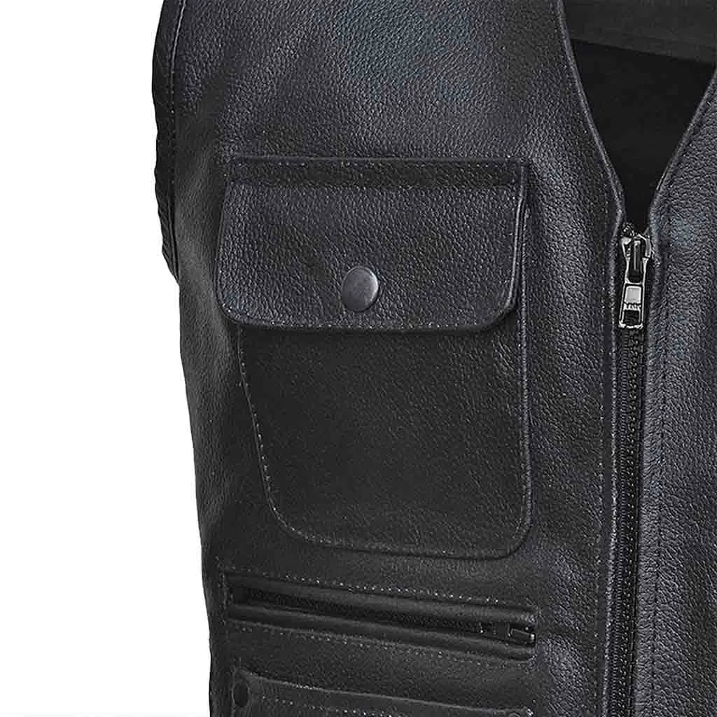 Mens-Genuine-Leather-Hunting-Vest-Chest-Pockets