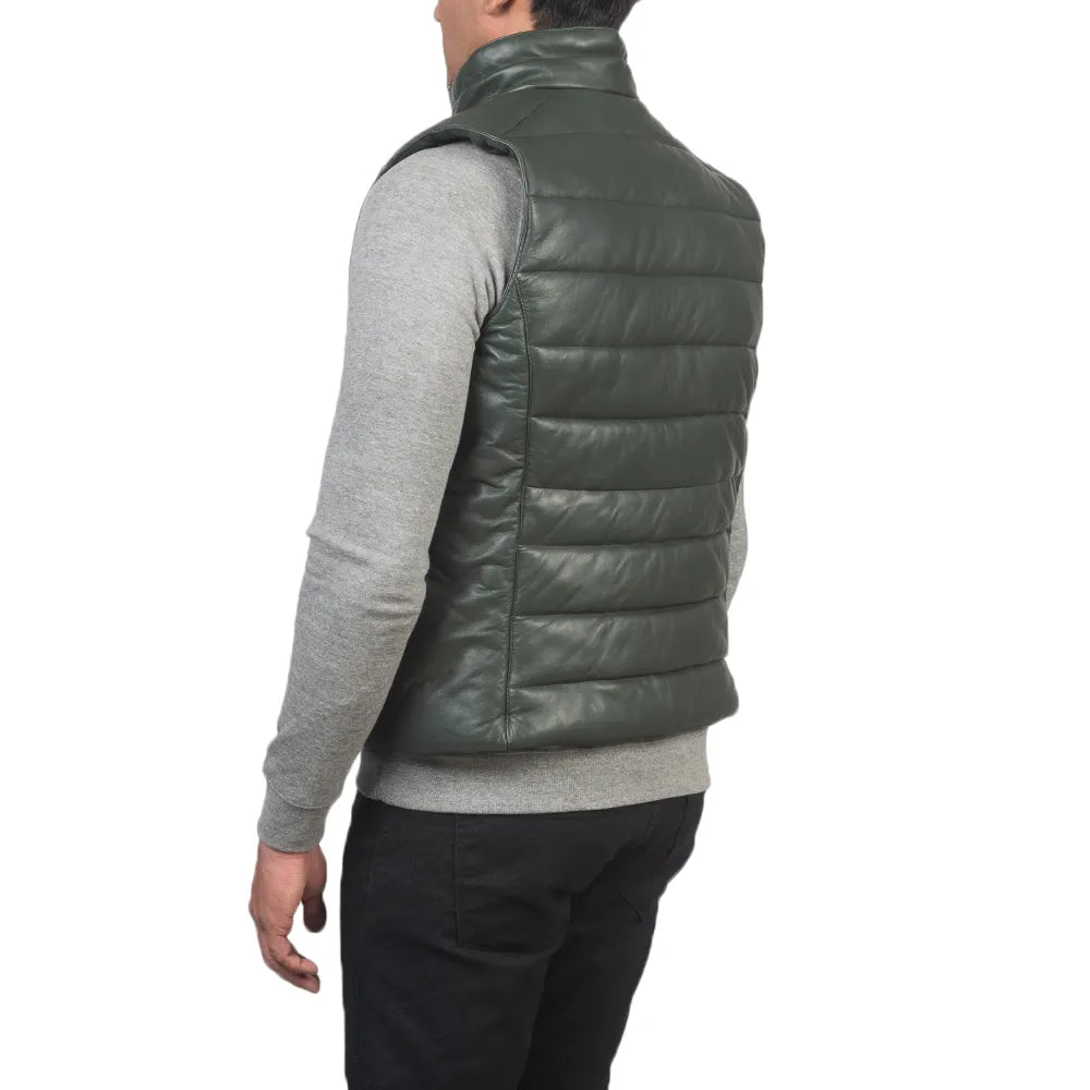 Mens-Green-Leather-Puffer-Vest-Back
