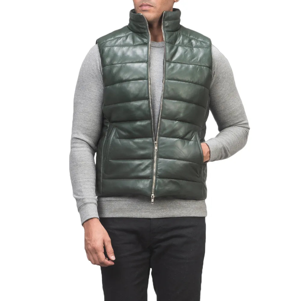 Mens-Green-Leather-Puffer-Vest-Close